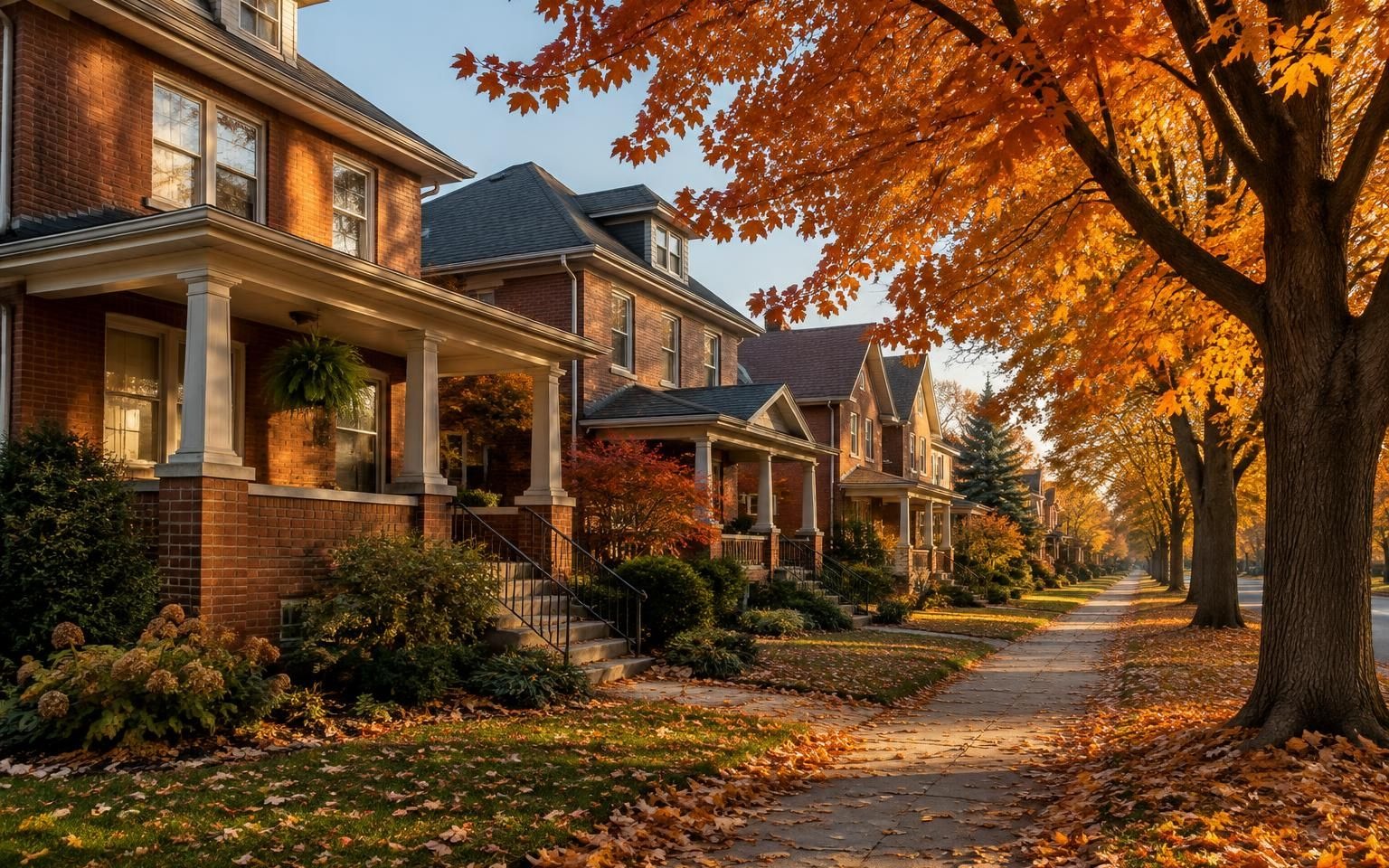 A residential street in Buffalo, New York with brick houses and autumn leaves