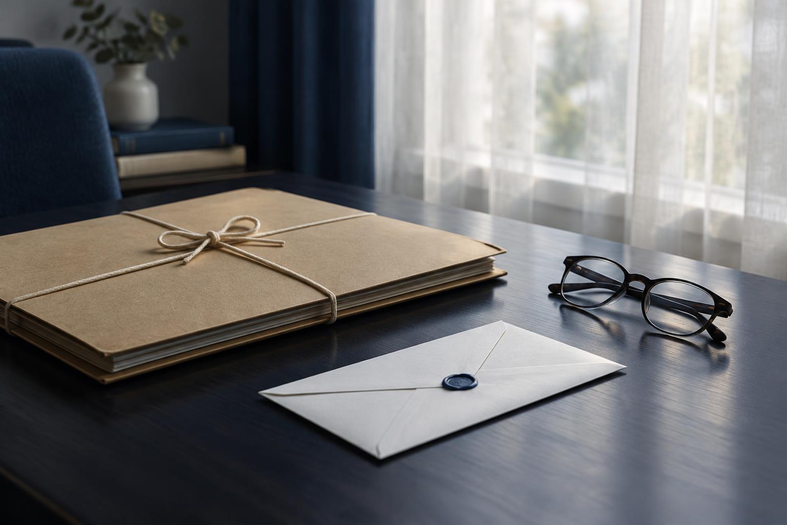 A tied case folder and sealed envelope on a desk