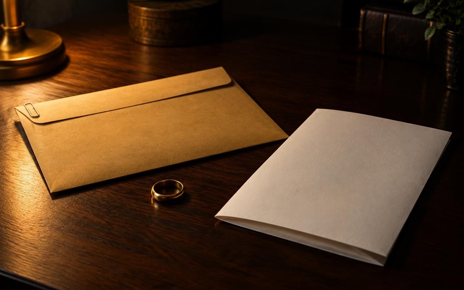 A sealed envelope and a gold ring on a dark desk in low lamplight