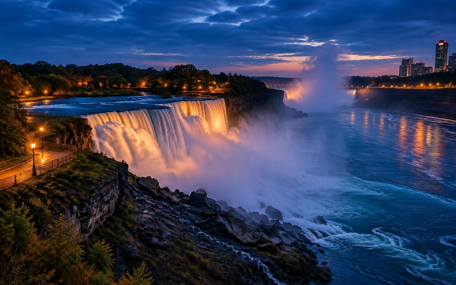 Niagara Falls at dusk with mist rising and warm lights along the gorge