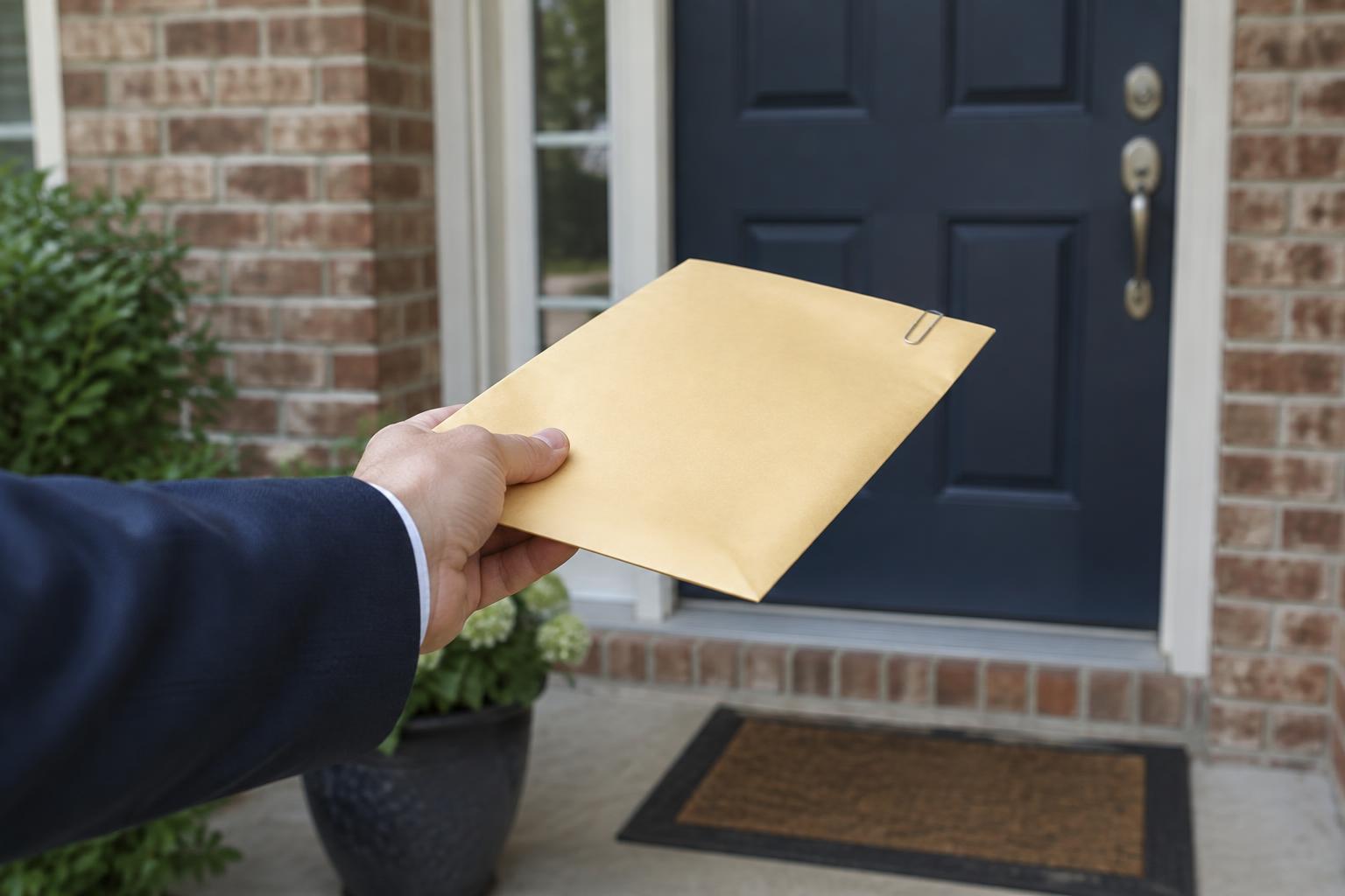 Legal papers being delivered to a residential front door