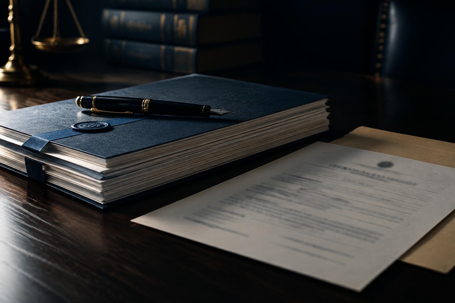 Court documents and a fountain pen on a desk